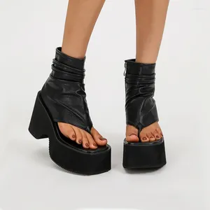 Dress Shoes 10cm Ladies Wedge Sandals Black Genuine Leather Platform Flip Flops Wedges Punk Chunky Heel Summer Boots Schuhen Damen