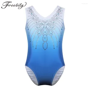 Stage Wear Kids Girls Sleeveless Shiny Rhinestone Ballet Dance Gymnastics Leotard One-Piece Swimsuit V Shaped Neck