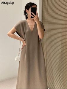 Casual Dresses M-3XL Women Simple Korean Style Ladies Temperament Loose Ins Ankle-length Vintage V-neck Fashion Classic Basic