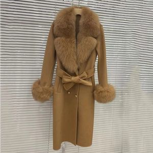Casaco longo feminino de lã cashmere misturado com grande gola de pele de raposa real moda jaqueta de inverno duplo cinto outwear manguito 240124
