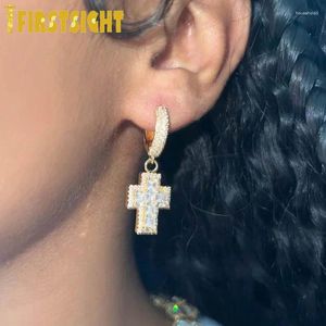 Kolczyki Dangle Iced Zircon Ankh CZ Cross Earring Gold Srebrny kolor mikro utwardzony AAA Bling Purple Stone for Man Kobiet Biżuteria