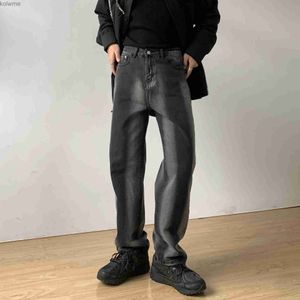 Herr jeans cool lutning mens jeans koreansk stil lös raka breda ben byxor par byxor mode blå grå svart raka ben jeans yq240205