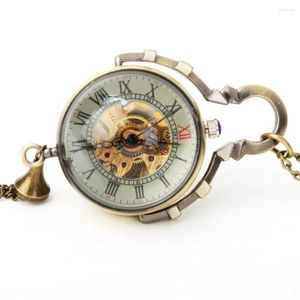 Pocket Watches Mechanical Watch Chain Transparent Roman Sifferals Glass Ball Design Bronze Steampunk Skeleton FOB Gold