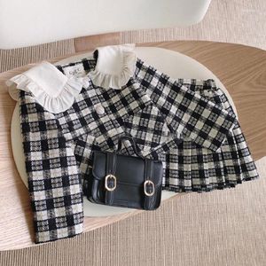 Kleidung Sets 2 stücke Kinder Klassische Tweed Mädchen Plaid Uniform Winter Herbst Kleidung Outfit Für 1-8Ys Kinder Mode weihnachten Anzug