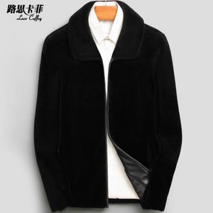 Sheep Cut Velvet Mens Lapel Fur Leather Jacket Short Haining Slim Fit Integrated Wool Coat HNW3