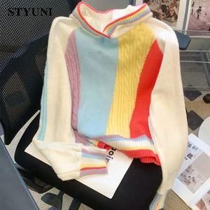 Kvinnors tröjor Rainbow Striped Hooded Loose Long Sleeve Chic Vintage Sweater Korean Fashion Pullover Thicken Winter 2024