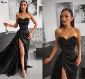 Aso Ebi Black Satin Strapless Evening Dresses For Women Lace Floral Formal Party Gowns Side Split Sexy Pleated Second Reception Birthday Dress Long Plus Size CL3279