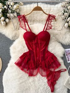 Singiny renda sexy roupa interior terno babados sheer camis malha vestido sensual ternos porno erótico aberto virilha magro pijamas 240202