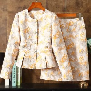 Qualidade primavera senhoras jacquard em torno do pescoço blazer lápis saia define feminino formal negócio coreano das mulheres escritório trabalho jaqueta terno 240202