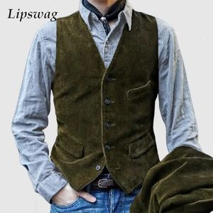 Vintage Corduroy Solid Color Vest Coat Mens Spring Casual Buttoned V Neck Sleeveless Jackets For Men Office Fashion Waistcoats 240130