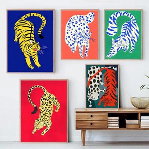 Målningar nordiska rödblå grön tiger leopard affisch canvas målning abstrakt djur vägg konst tryck bild säng rum hem dekoration