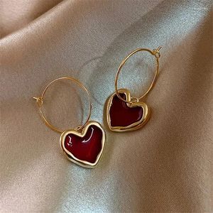 Kolczyki Dangle Korean Love Heart Ear Studs for Women Red Vintage Drop Enamel Metal Gifts Biżuteria Hurtowa