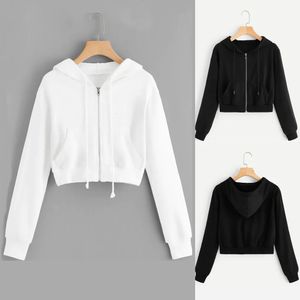 Casual White Crop Top Jacket Women Casual Solid Long Sleeve Zipper Pocket Shirt Hooded Sweatshirt Tops Hoodies Female Ropa Mujer 240119