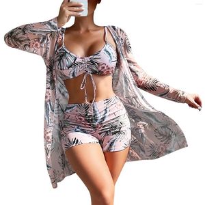 Mulheres Swimwear Mulheres Bikini Set Sexy Cintura Alta Três Peças Floral Impresso Maiô Com Malha Blusa De Manga Comprida Plus Size 2024