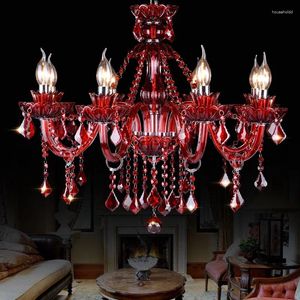 Lustres de cor vermelha candelabro de cristal retro luxo sala de casamento sala de estar luz pingente el lobby e14 lâmpada de suspensão de vela