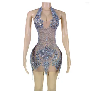 Abbigliamento da palcoscenico Donna Compleanno Serata Night Club Bar Party Outfit Cantante Performance Vedi attraverso il vestito scintillante con strass sexy