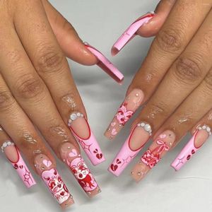 False Nails 24pcs Pink Girl Fake Red Heart Press On Patch Long Ballet Nail Tips Valentine's Day Gifs For Girlfriend Women