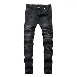 Jeans Masculinos Produzem Denim Buraco Arruinado Estilo High Street Branco Combinado Básico Minimalista Micro-Slim Trendy Tamanho Grande