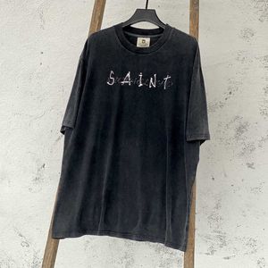 Mens T-shirts Saint Michael Silent Mass Direct Spray Printed Short Sleeve Vintage sliten Tvätt trendig varumärke Löst T-shirt
