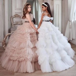 Flickaklänningar 2024 Western Children's Princess Ball Gown Fluffy Gaze Flower Dress Wedding Party Dinner Birthday