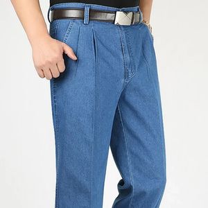 2023 outono duplo plissado jeans finos dos homens de meia idade negócios lazer meia idade e idosos elástico calças retas 240131
