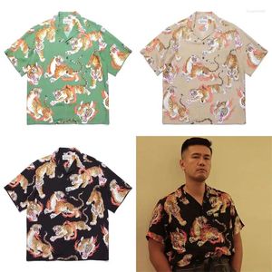 Men's Casual Shirts Quaity Flame Tiger Printing WACKO MARIA Short Shirt Men Women Hip Hop Hawaii Beach Seaside Holiday T