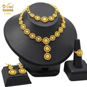 Aniid Indian Gold Jewelry Biżuteria 24K Ślubny ślub Dubai Naszyjnik i kolczyki dla kobiet Copper African Party Prezent 240123