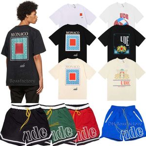 디자이너 티셔츠 Rhude Mens Shorts Beach Short Pants 여자 면화 소매 셔츠 캐주얼 Tshirt 다목적 티 셔츠 빠른 건조 통기성 메쉬 반바지 탑