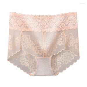 Women's Panties 3PCs Sexy Lace Women Ladies Mid Waist Purified Cotton Briefs Transparent Mesh Plus Size Lingerie Underwear