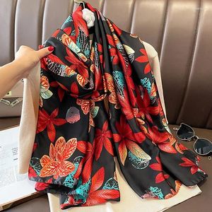 Lenços 2024 Espanha Luxo Lenço de Seda Mulheres Marca Vintage Ramo Floral Xales Senhora Envoltório Pescoço Snood Foulards Pashmina Roubou 180 90cm