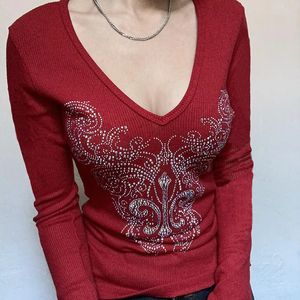 Rhinestone Graphic Print Tshirt Cottage V Neck Long Sleeve Tees Autumn Women Rib Sticked Vintage Crop Tops Y2K Vintage Clothes 240118