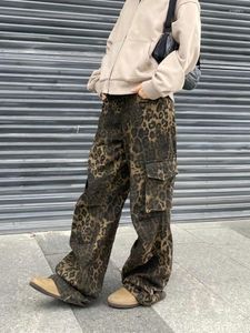 Kadın pantolon houzhou tan leopar kargo kadın kadın büyük boy geniş bacak pantolon sokak kıyafetleri hip hop vintage kıyafetler gevşek gündelik