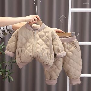 Roupas Conjuntos de roupas Jaqueta de algodão dos meninos Autumn Winter Solid Plaid Zipper calças de casaco acolchoado Terno infantil Baby 2pcs roupas quentes