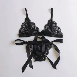 Bras sätter sexig spets split-cut bikini mode band trepunkts bowknot bralette underkläder underkläder kvinnor set se genom behå