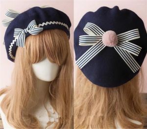 Party Supplies Lolita Berets Wool Blend Hat Women Girls Bow Plaids Stripe Sailor Style Preppy Chic College Studenter Cap B788