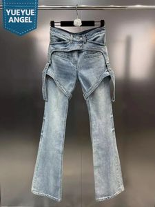 Fake Two Pieces Design Womens Jeans Fashion Single Breasted Vintage High Street Flare Pants Personality Female Denim 240123