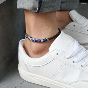 anklets aak008ヴィンテージファッションジュエリーメンメタルブルー/レッドレザーロープアンクレットブレスレットベアフットサンダルビーチフットチェーンMujer