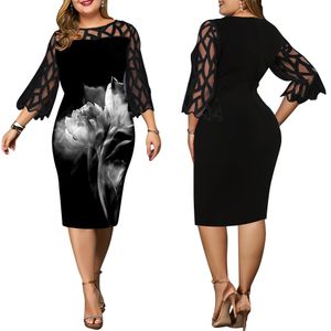 6XL Plus Size Dress Transparent Floral Printed Casual Lace Patchwork Dress Elegant Women White Rose Blackt Pencil Dresses