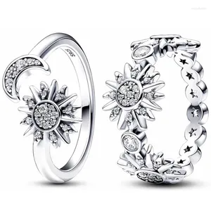 Klastrowe pierścionki oryginalne błyszczące słońce i księżyc otwarty pierścionek z kryształowym srebrem 925 srebrnym dla kobiet w Europie Biżuteria prezent urodzinowy
