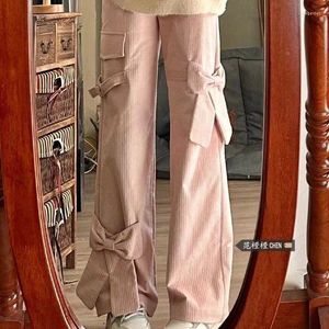 Pantaloni da donna QWEEK Dolce fiocco rosa Velluto a coste Donna Y2K Vintage Carino Vita alta Cargo Harajuku Retro Casual Pantaloni larghi a gamba preppy
