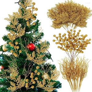 Decorative Flowers Yan 40pcs Glitter Christmas Branch Artificial Berries Stems Pine Needle Picks Spray For Xmas Tree Decor Ornaments DIY