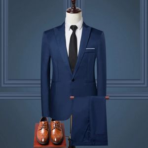 Mens Suit sets Elegant Solid Suit Jacket 2 stycken Slim Dress Pants Fit Single Breasted Business Blazers Terno Masculino 240123