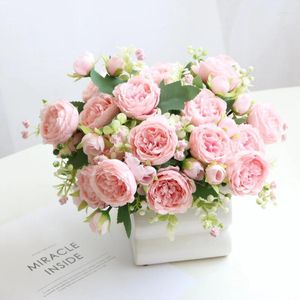 Fiori decorativi Bouquet artificiale Rosa finta Bianco Rosa Champagne Decorazioni per la casa Matrimonio Interni Esterni 32 cm 5 teste