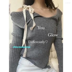 Women's Sweaters Vintage Asymmetric Lace-up Casual Long-sleeved Sweater Women 2024 Spring High Street Sexy Strapless Threaded Knitted Tops