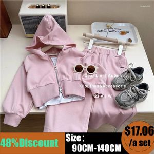 Clothing Sets Korean Suit For Girls Pink Hoodies Kids Coat Suspender Straight Leg Pants Children 3 Piece Set