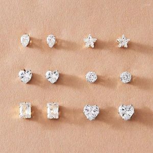 Stud Earrings Simple Cute Small Crystal Geometric Star Round Heart For Women Gold Color Jewelry 6 Pairs