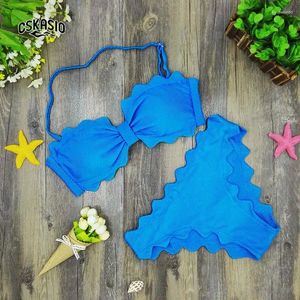 Women's Swimwear 2024 Cute Scalloped Women Swimsuit Sexy Bandeau Bikini Set Blue Biquini Padded Bathing Suits Maillot De Bain Femme S-L