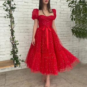 Party Dresses 2024 Design Sweetheart Belt Pufy Sleeve Bling Tulle TEA-LENGNE A-LINE Evening Prom Clows Robe de Soiree