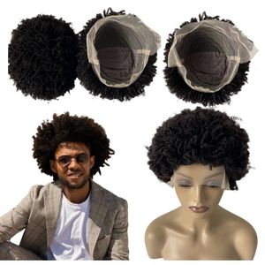 12 tum 6mm kinky curly europeiska jungfruliga mänskliga hårstycken naturlig svart färg full spets peruker för svart kvinna