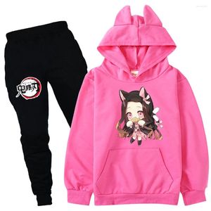 Conjuntos de roupas Demon Slayer Roupas Crianças Moletom Com Capuz Calças Top 2 Pcs Set Bebê Meninos Sportswear Criança Meninas Treino Crianças